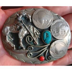 Navajo Belt Buckle .999 Nickel Buffalo Gemstone Signed Squaw Wrap 2.5x3.0 in C80